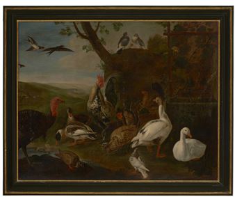 A turkey, a rooster, chickens, geese, ducks, pigeons and doves by a well in a landscape - Jan Baptist Boel