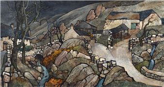 Rocky rural landscape with farm buildings and a stream - William Harold Stephen Bunce