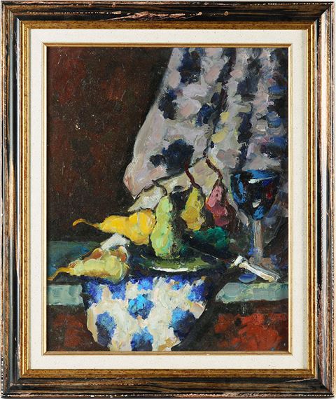 Still life with a blue glass against a blue curtain - Mikhail Arsentevich Matorin