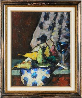 Still life with a blue glass against a blue curtain - Mikhail Arsentevich Matorin
