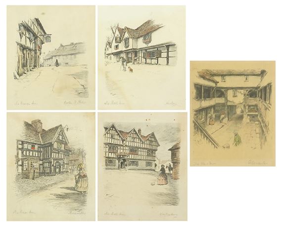 Set of five prints in colour including The New Inn, Gloucester and The Bell Inn, Tewkesbury by Cecil Aldin