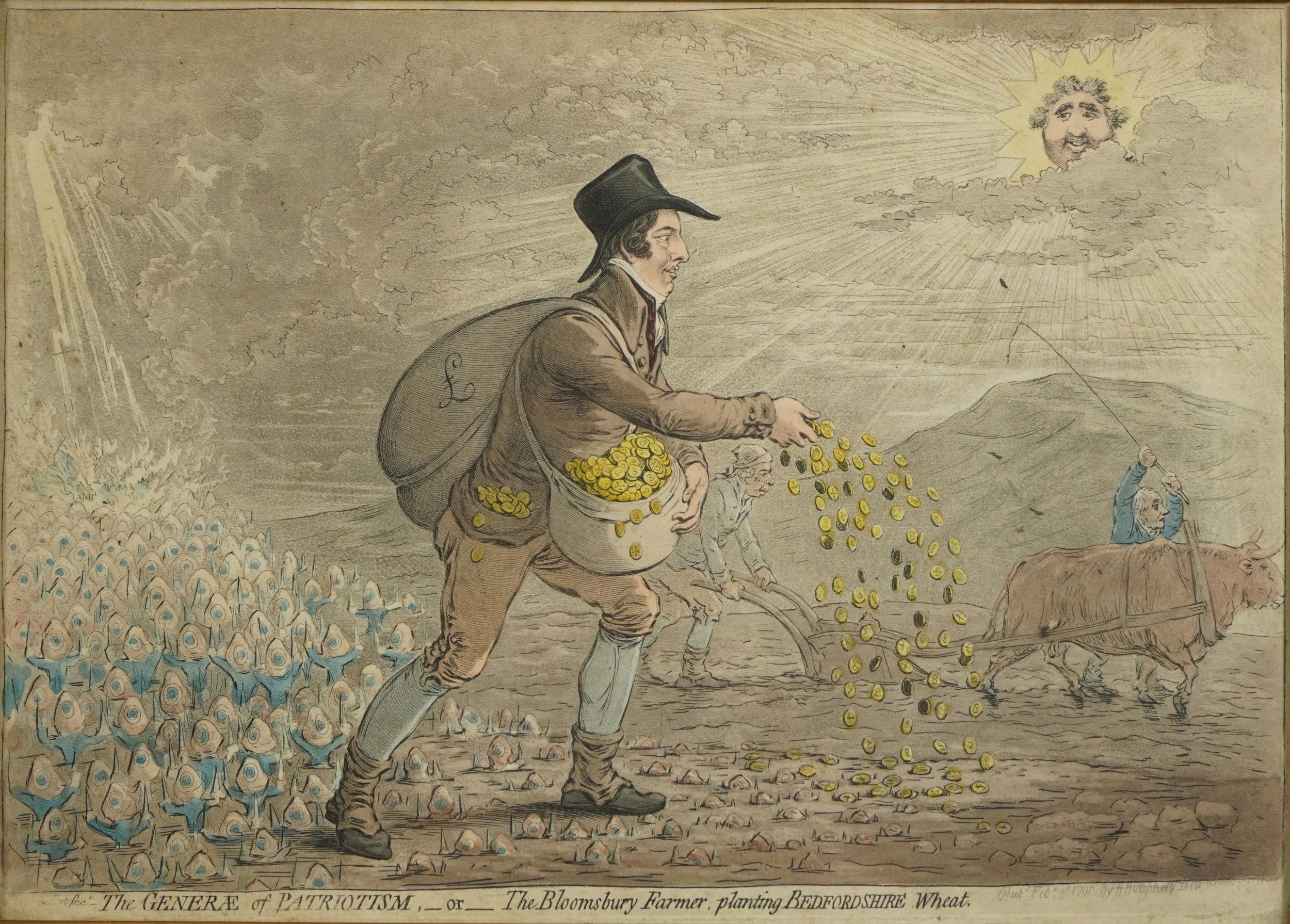 The Generae of Patriotism or The Bloomsbury Farmer planting Bedfordshire Whea by James Gillray