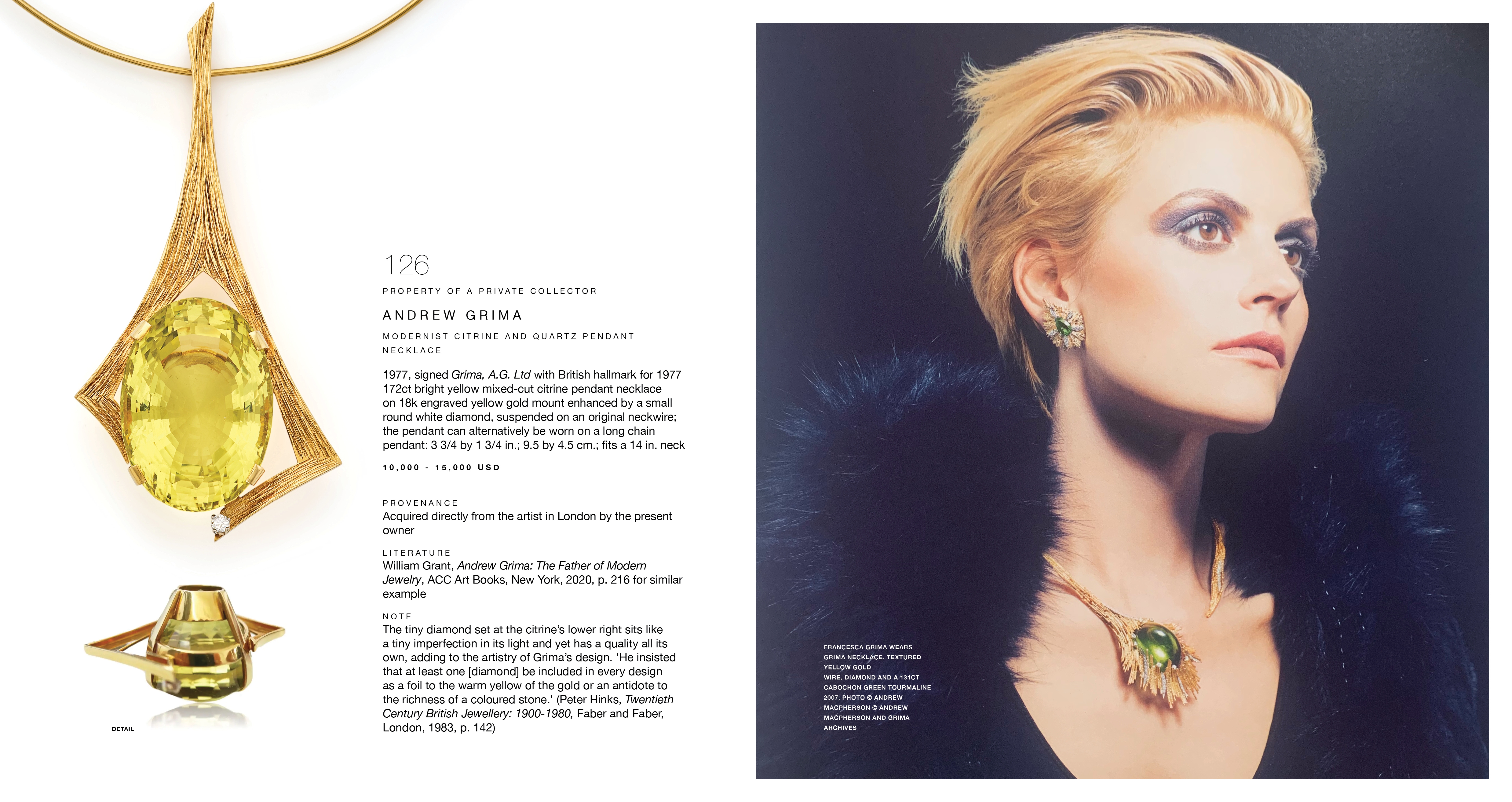 Artwork by Andrew Grima, Modernist Citrine and Quartz Pendant Necklace, Made of engraved yellow gold