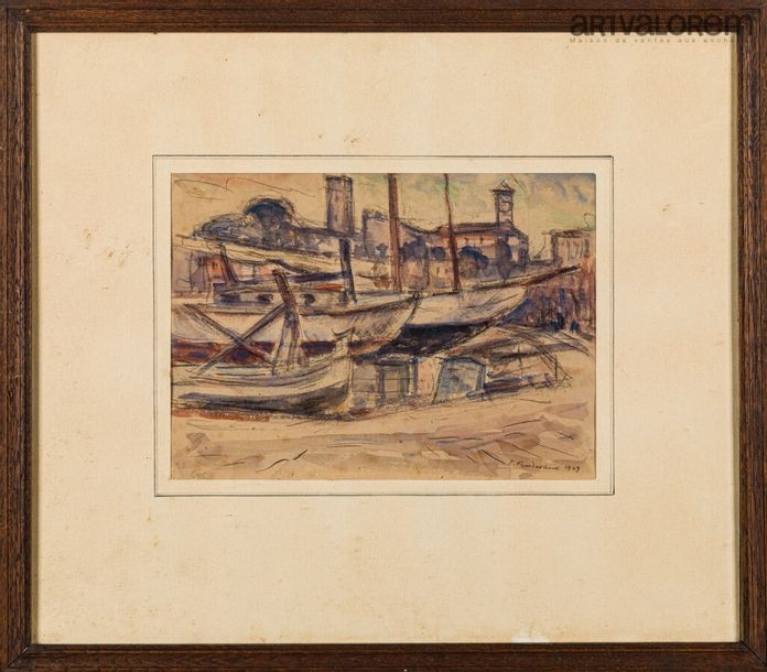 Artwork by Paul Froidevaux, Boats in the Harbor, Made of Watercolor