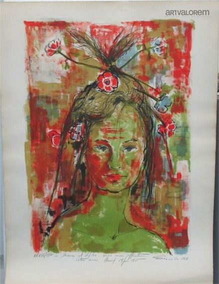 Young girl with flowers by Harry Seguela, dated 1962