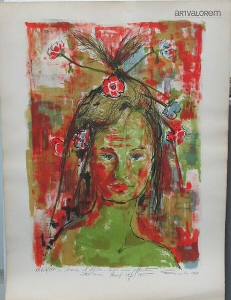 Artwork by Harry Seguela, Young girl with flowers, Made of lithograph