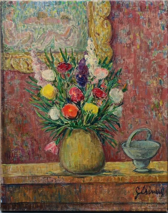 Artwork by Bob Gesinus Visser, Sommerblumenstrauß in Kugelvase mit impressionistischem Gemälde, Made of Oil on canvas