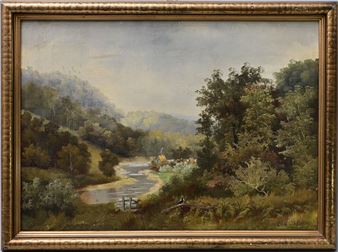 Hügelige Waldlandschaft mit Flusslauf - Carl Schleichhardt