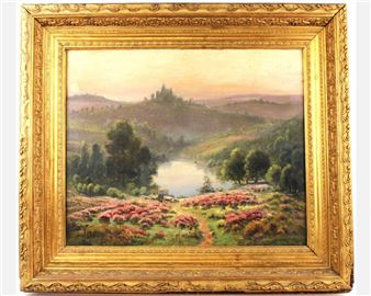 Bergère et ses mouton dans un paysage à la rivière - J. Vezy