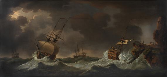 A squadron caught in a gale, with a ship-of-the-line foundering on the rocky shore by Francis Swaine