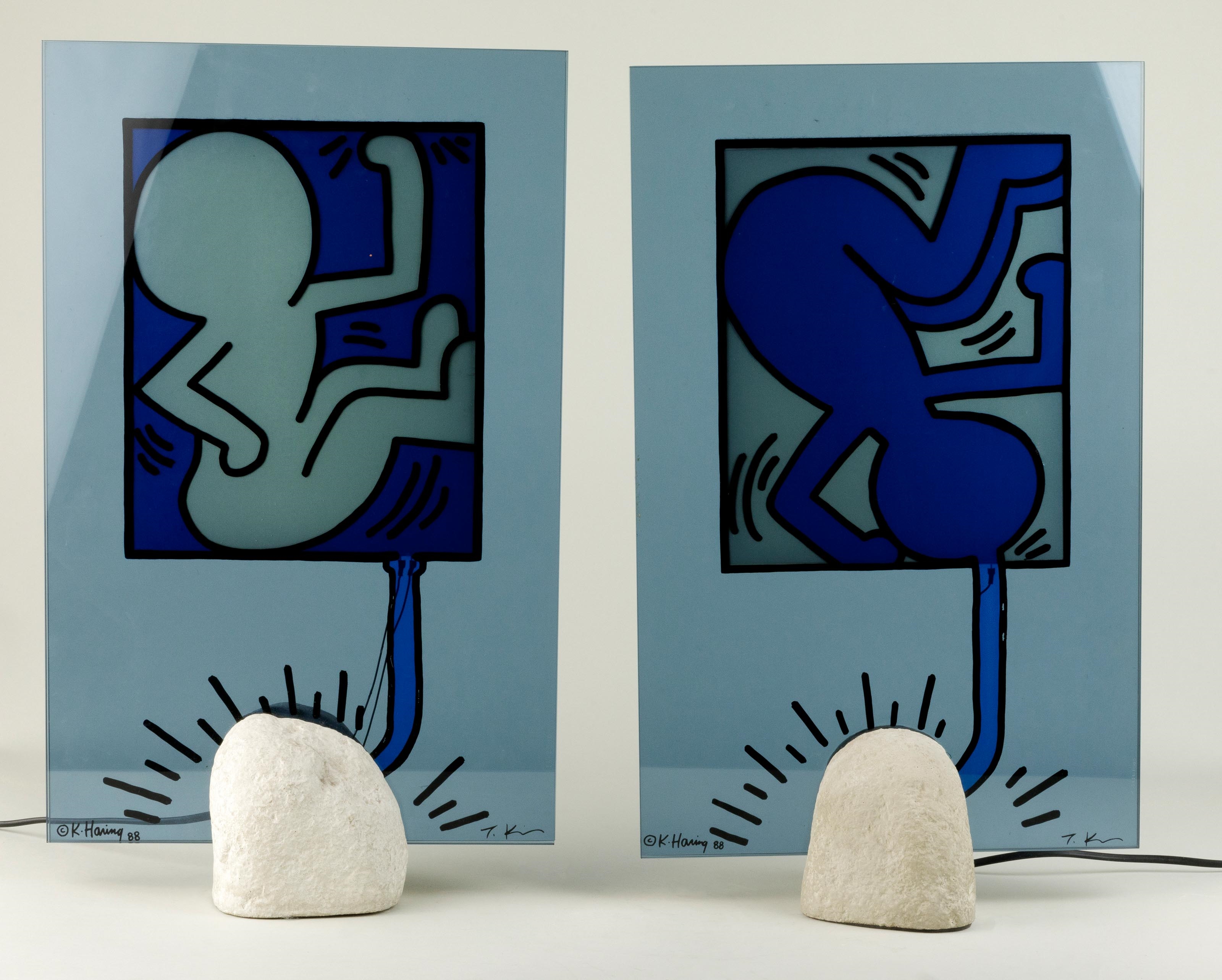 Artwork by Toshiyuki Kita, Keith Haring, Pair of table lamps, model 'On Taro' & 'On Giro', Made of Screen print