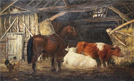A barn interior with cattle, a horse and chickens - R. Hutchinson