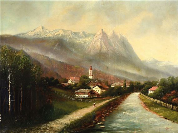village with church tower in front of an Alpine panorama by Franz Otto Wieduwilt