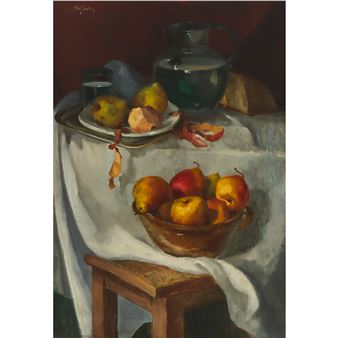 STILL LIFE OF APPLES AND PEARS ON A DRAPED TABLE - Ladislav Kralj Međimurec
