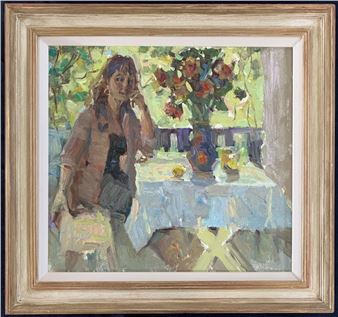 a seated figure sat at a table with flowers - Ukrainian School, 21st Century