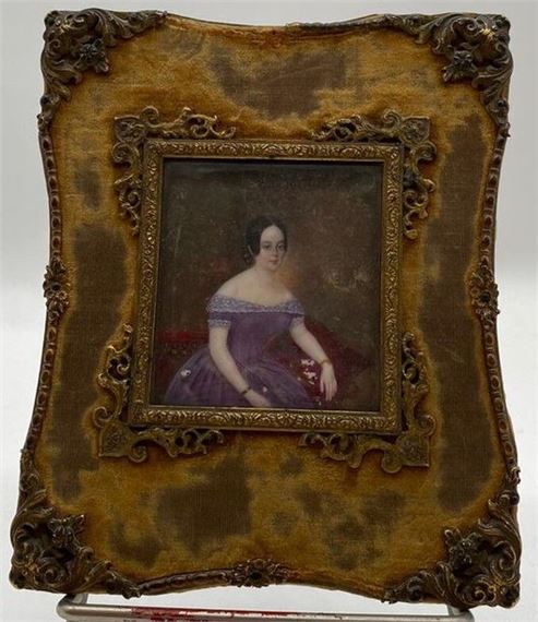 Young girl in a purple dress sitting on a purple sofa by Jean Pierre Robelot