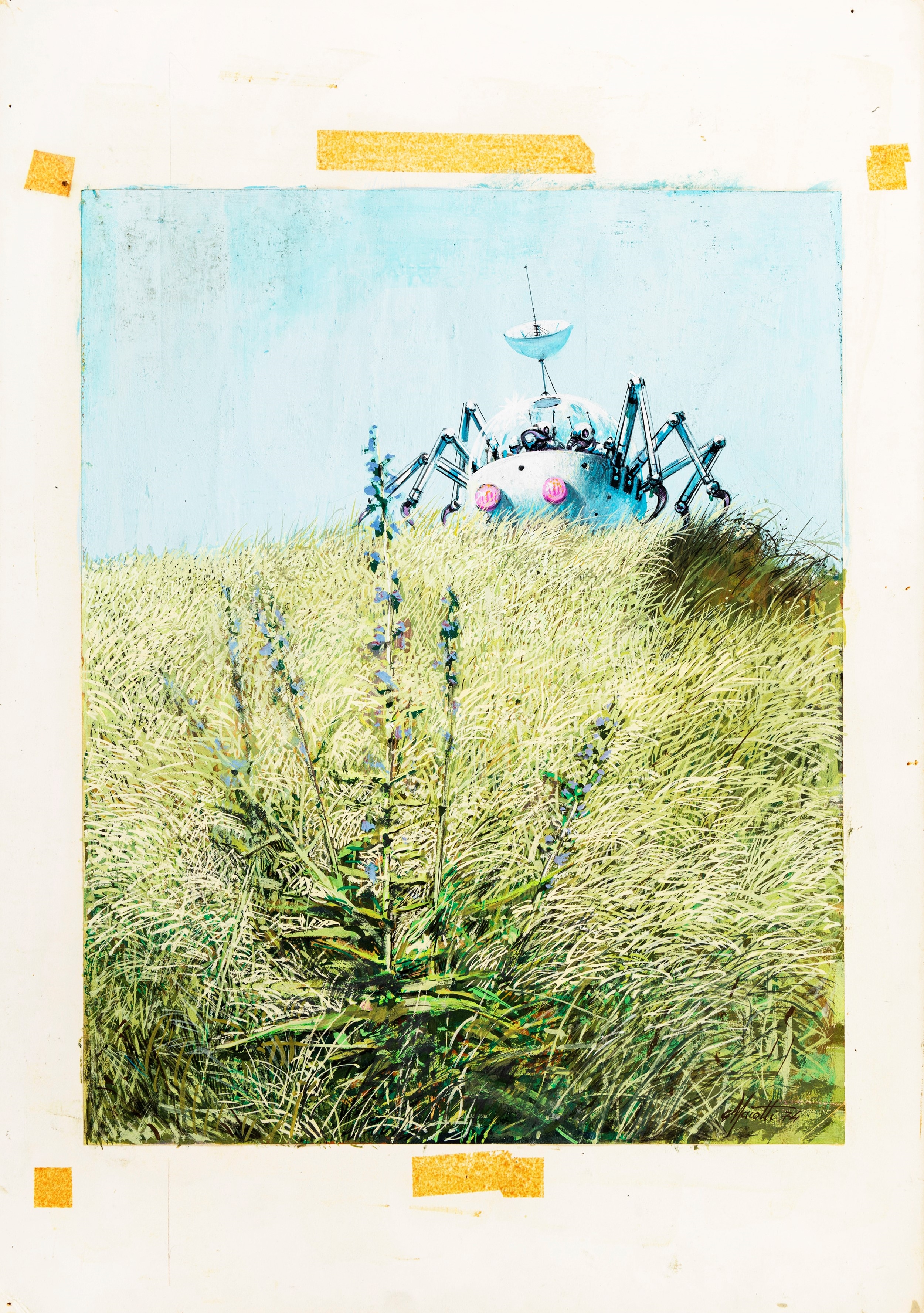 A surreal landscape featuring a mechanical spider-like object emerging from tall grass.
