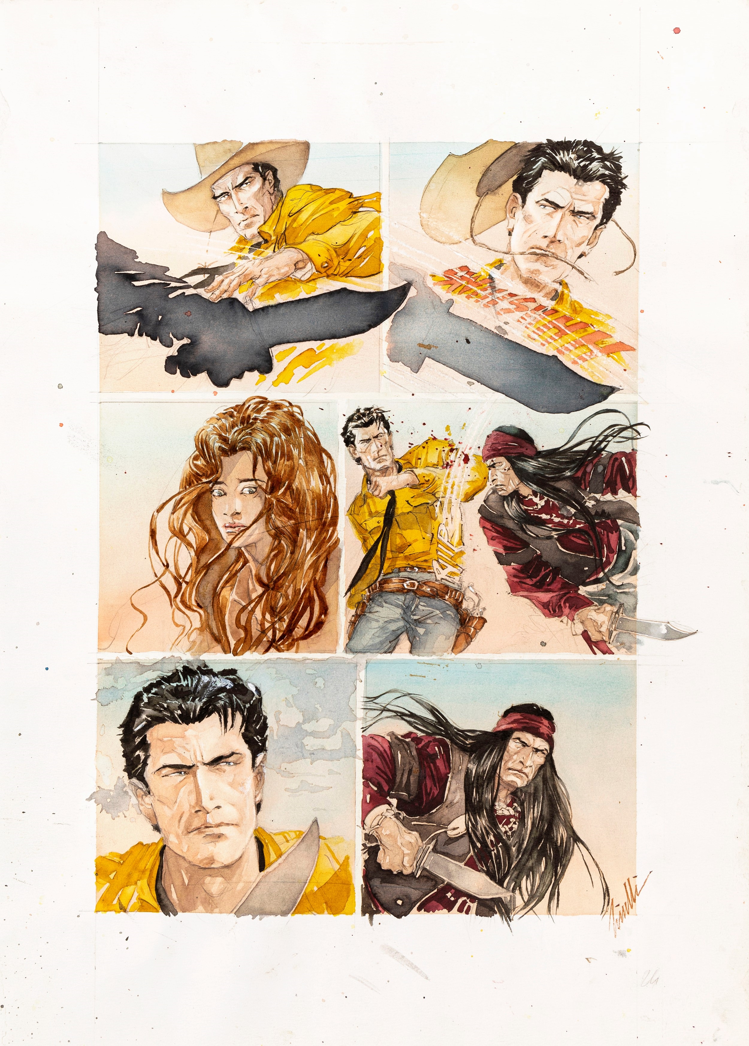 Artwork by Sergio Tisselli, Tex - Challenge to the old mission, Made of pencil, ink and watercolor on thin cardboard