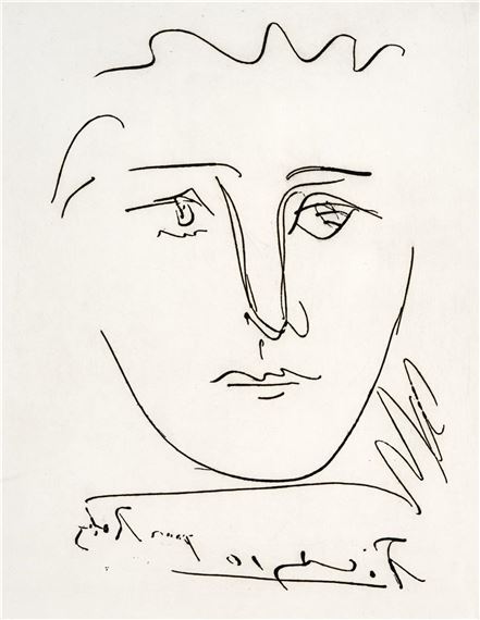 A black and white drawing of a man's face.