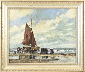 Strandgezicht met vissersvolk en bomschuiten - P. B. Cop