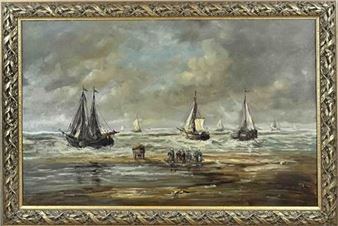 Strandgezicht met bomschuiten en vissersvolk. - J.w. W. Bodamer