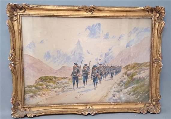 Alpine hunters in a semi-snowy landscape by L. Rambaud