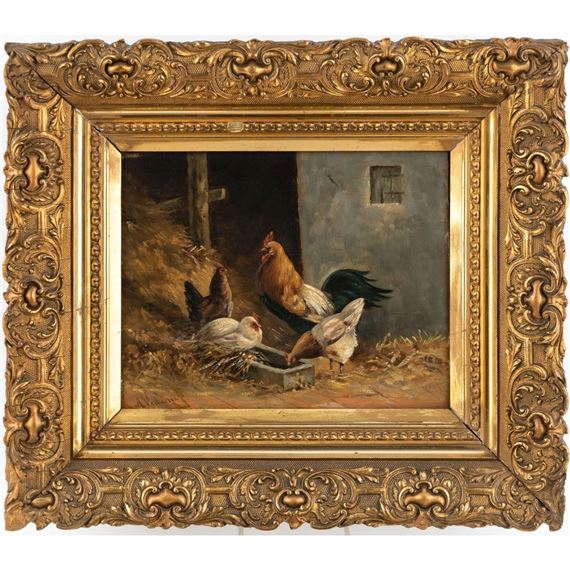Hahn mit Hennen am Futtertrog by Albertus Verhoesen