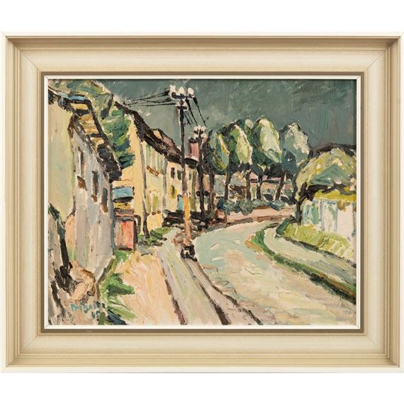 Vorstadtstraße mit Telegrafenmasten und Bäumen by Kurt Prignitz, (19)45