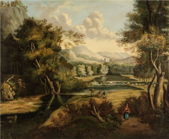 Wooded River Landscape with a Country Woman on a Path, Fly Fishers and Harvesters, a Mountainous Landscape beyond by John Berney Crome, 1978