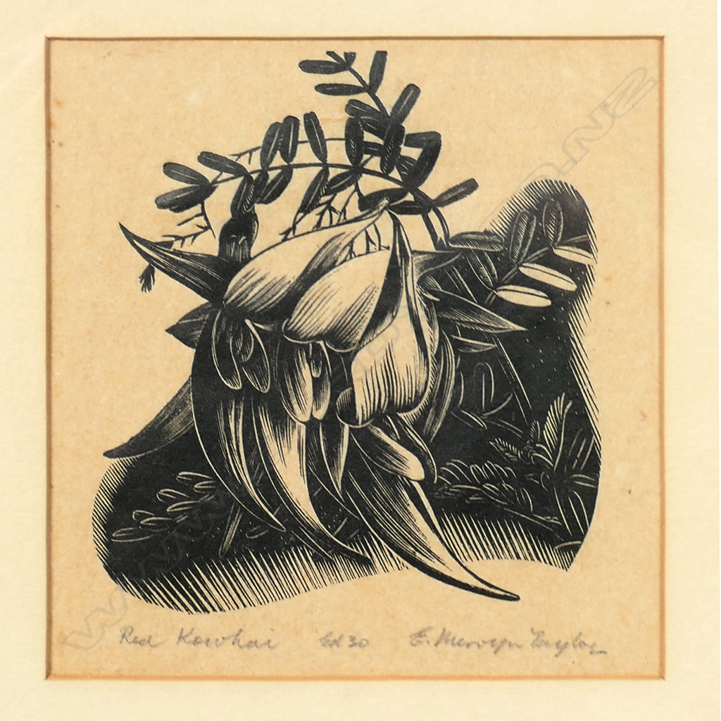 Artwork by E. Mervyn Taylor, Red Kowhai, Made of woodcut
