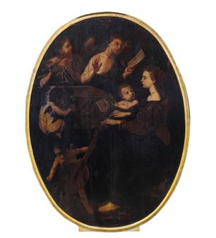 Santa Cecilia intenta ad una esecuzione alla spinetta assistita da angeli che suonano e cantano leggendo sullo spartito - Vincenzo Meucci