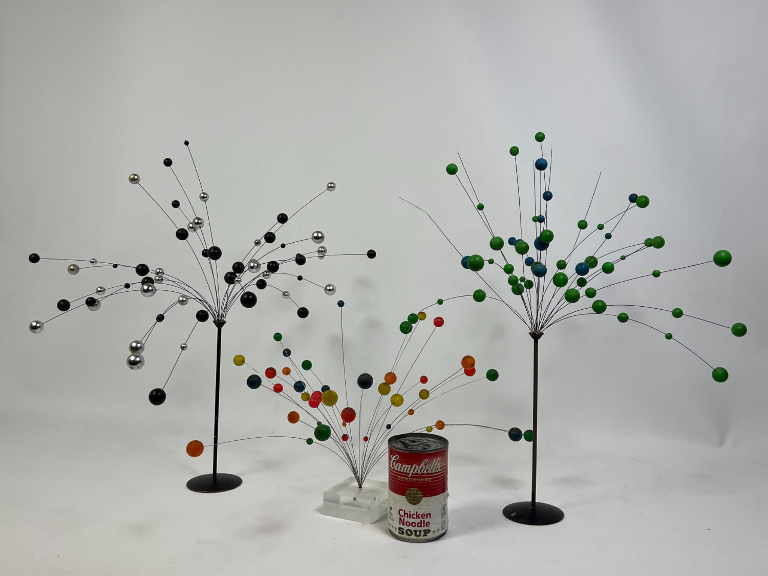 Artwork by Laurids Lonborg, 3pc LAURIDS LONBORG Kinetic Ball Sculptures. Thin wires with suspended, Made of black metal
