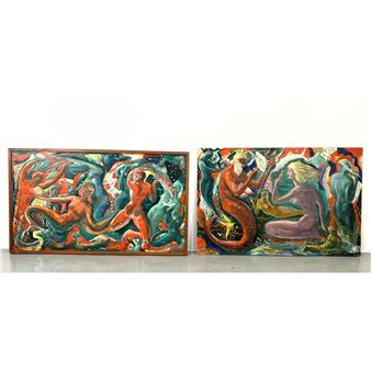 Pr JOHN TERKEN Mythical Sea Creature Paintings. Neptune and Trident wi - John Terken