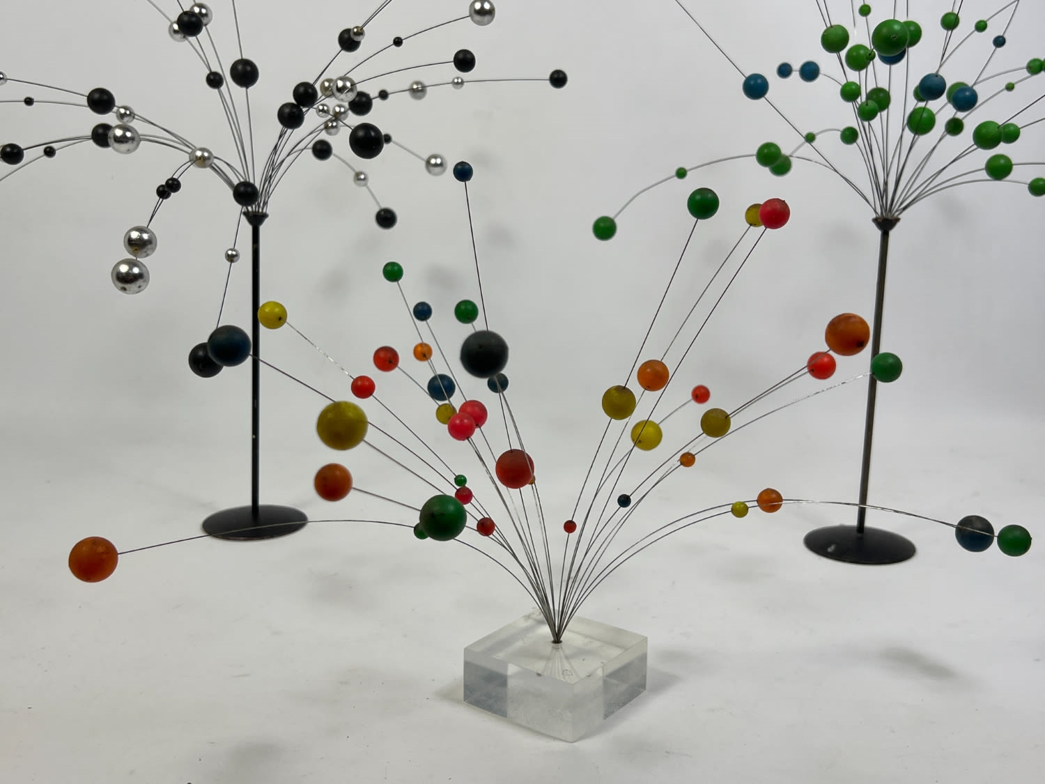 Artwork by Laurids Lonborg, 3pc LAURIDS LONBORG Kinetic Ball Sculptures. Thin wires with suspended, Made of black metal