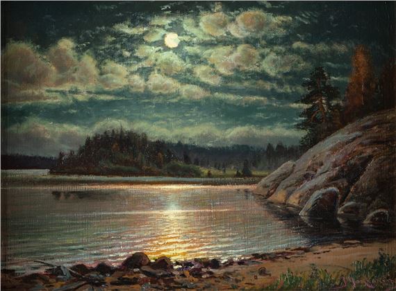 A moonlit lakeside scene with a glowing celestial body illuminating the water and surrounding landscape.