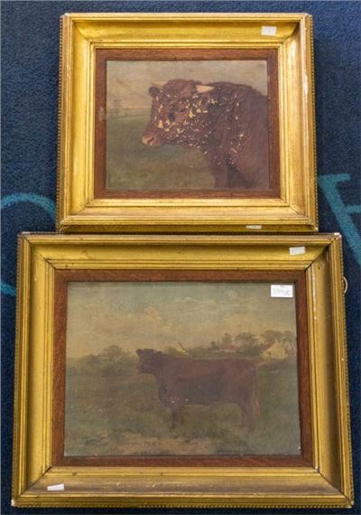 Cropwell Pride II (study of the cow in field with farmhouses beyond) by Charles Edwin M. Baldock, 1903