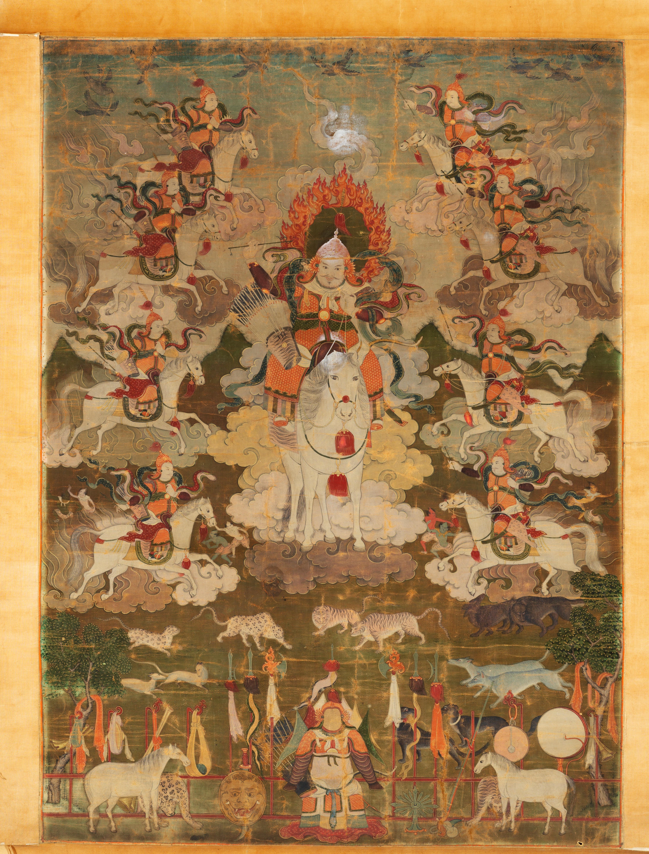 Artwork by Mongolian School, 19th Century, TANGKA REPRÉSENTANT LES NEUF FRÈRES DRALA - PROTECTEURS DU MONDE, Made of Laid down on Japanese paper