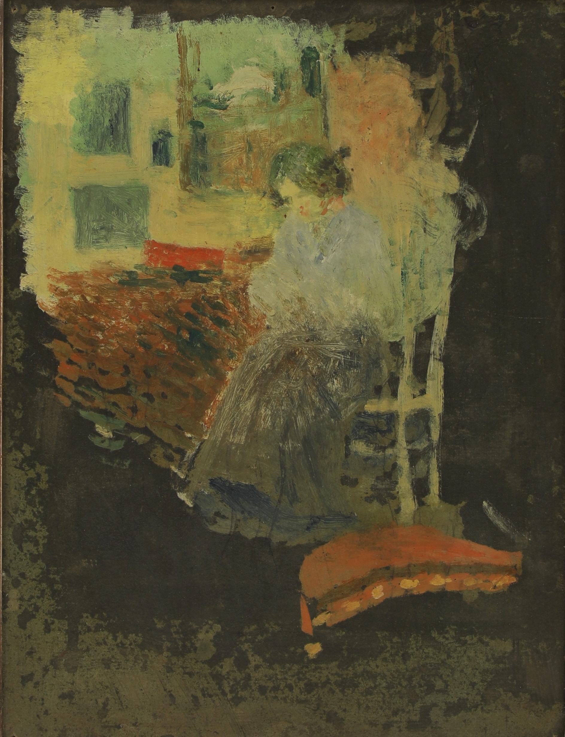 Artwork by Henri Courdour, A woman seated in a doorway, Made of oil on board