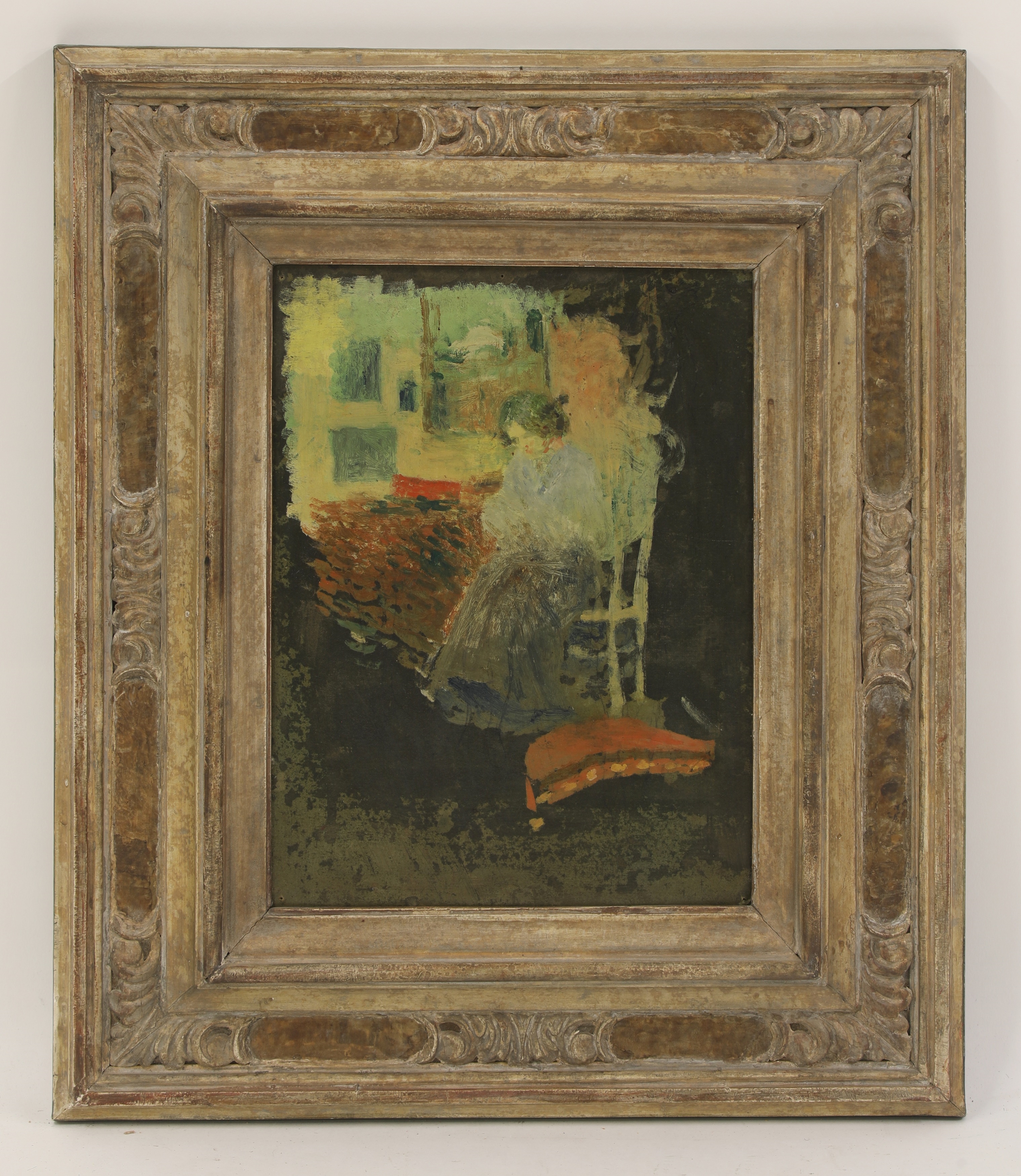 Artwork by Henri Courdour, A woman seated in a doorway, Made of oil on board