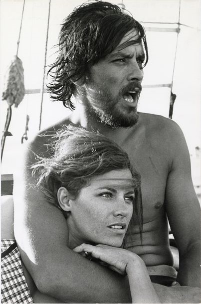 Alain Delon and his wife Nathalie during the shooting of "Les Aventuriers" by Robert Enrico by Jean-Pierre Bonnotte, 1967