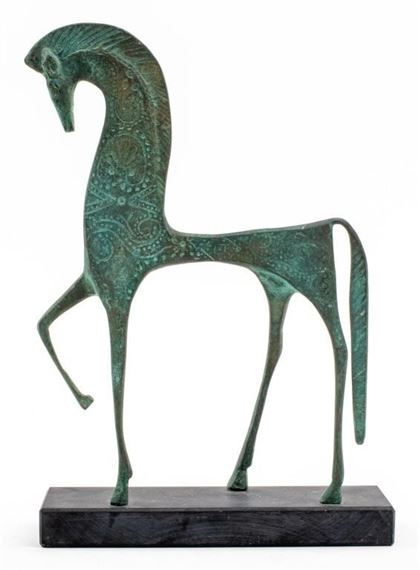 Frederick Weinburg patinated and verdigris bronze horse statue sculpture with incises stippling and floral decoration to surface by Frederick Weinberg
