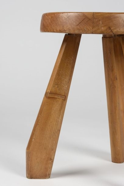 1960s Vintage Charlotte Perriand Round Dark Pine Stool for Les Arcs