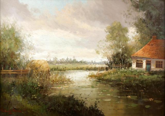 Artwork by Rob de Haan, Boerderij in landschap, Made of oil on canvas