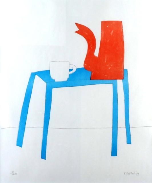 Rode koffiekan op blauwe tafel by Klaas Gubbels, 1999