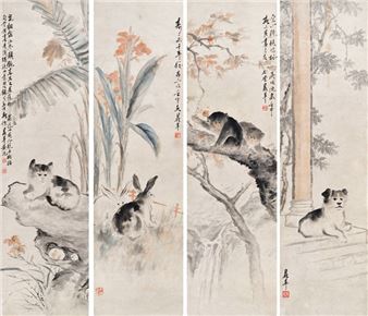 Four screens of Huang Dingping's animals - Huang Dingping
