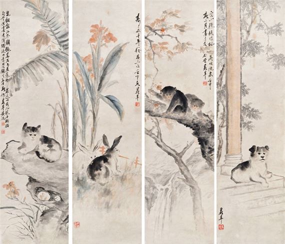 Four screens of Huang Dingping's animals - Huang Dingping