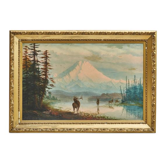 Charles R. Hall | Moose in a lake before Mount Rainier | MutualArt