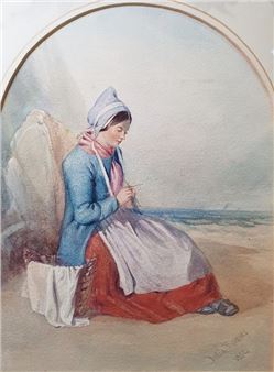 Woman seated by the shore knitting - Delia Robins