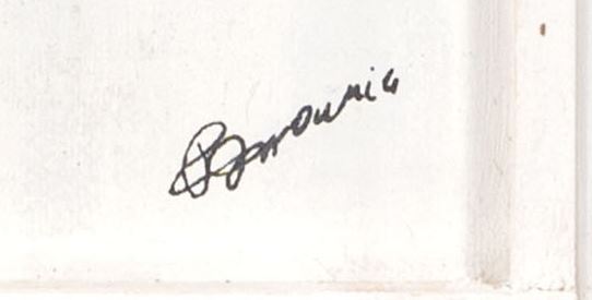 Robert Indiana signature on Iron and postmarks applied on wood in plexiglass box, 1970s.