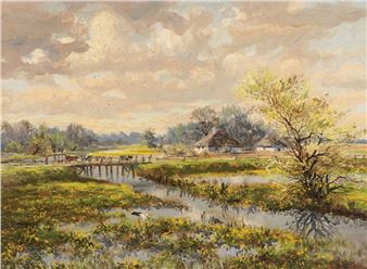 PEJZAŻ WIOSENNY Z BOCIANEM - Henryk Gasek